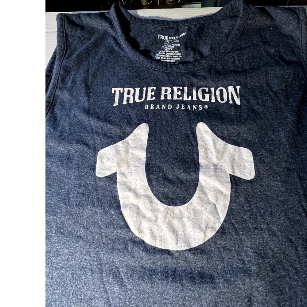 True Religion Mens XL Tank Top Blue Heather Horseshoe Logo Loungewear Sleeveless